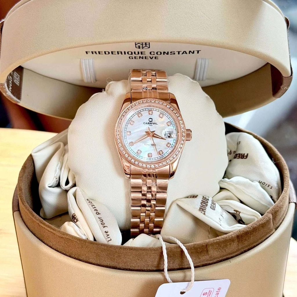 Đồng Hồ Nữ Carnival 8131L2-VH-TK Dây Thép Vàng Hồng Mặt Xà Cừ Trắng Viền Đính Đá Size 31mm Quartz Japan