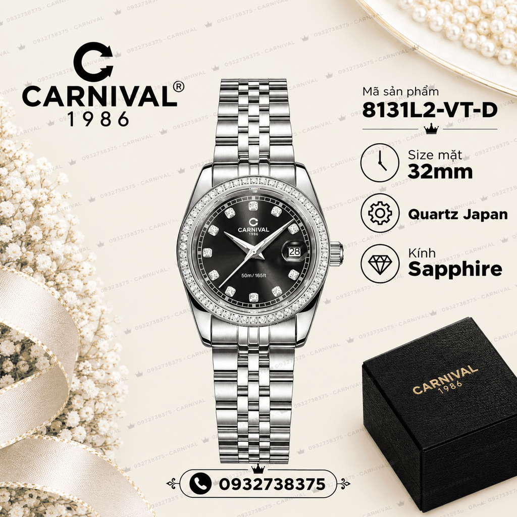 Đồng Hồ Nữ Carnival 8131L2-VT-D Dây Thép Bạc Mặt Đen Viền Đính Đá Size 31mm Quartz Japan
