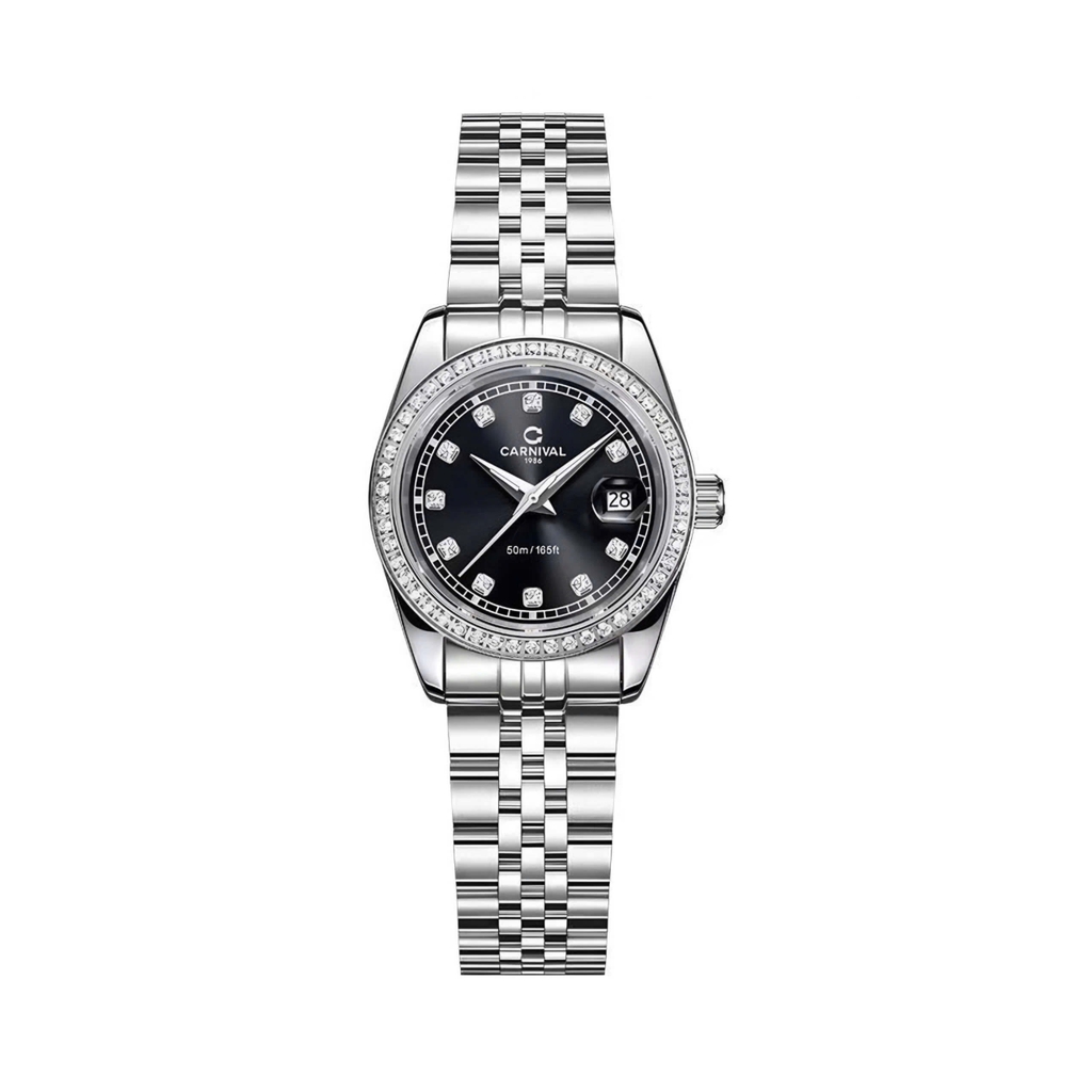 Đồng Hồ Nữ Carnival 8131L2-VT-D Dây Thép Bạc Mặt Đen Viền Đính Đá Size 31mm Quartz Japan