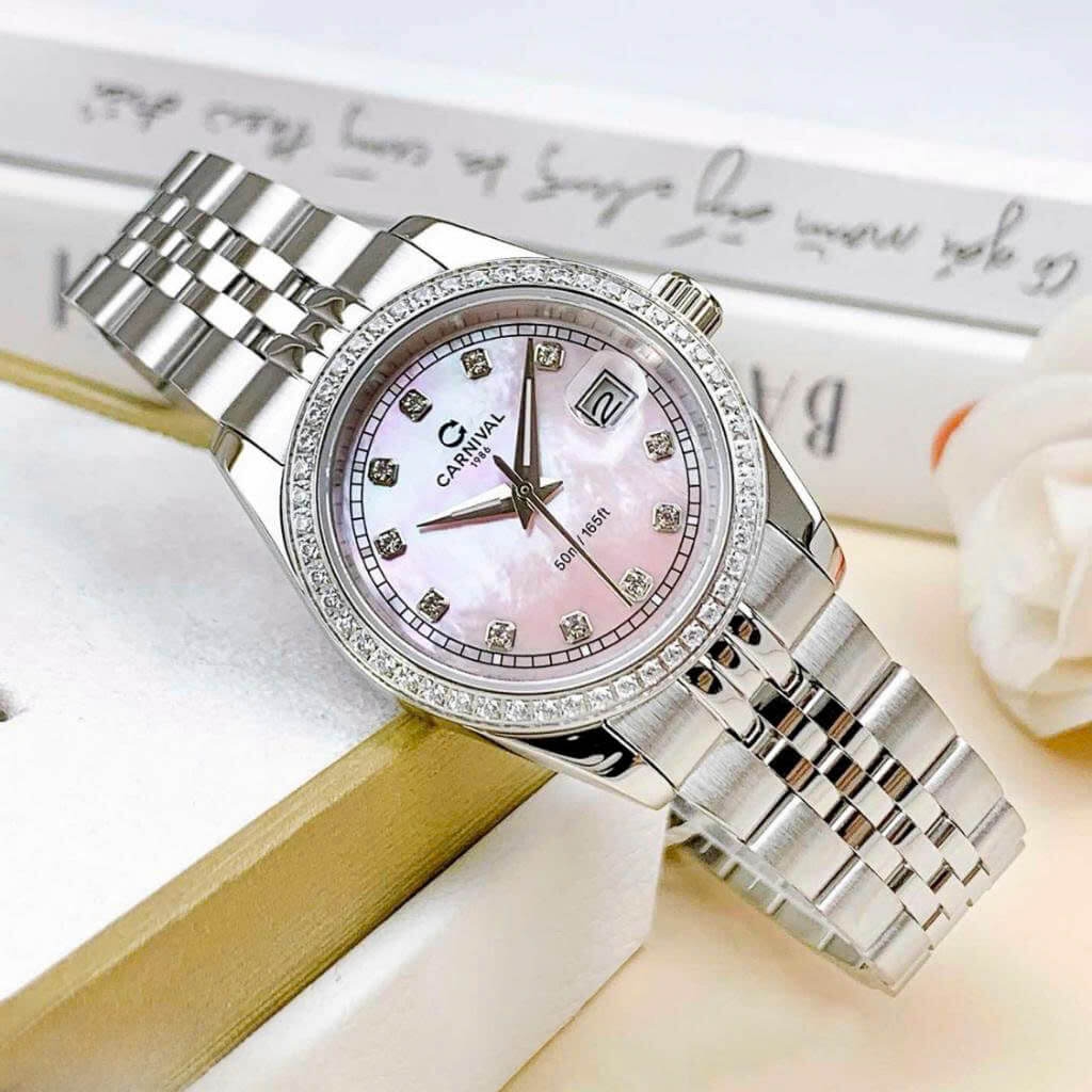 Đồng Hồ Nữ Carnival 8131L2-VT-HK Dây Thép Bạc Mặt Xà Cừ Hồng Viền Đính Đá Size 31mm Quartz Japan