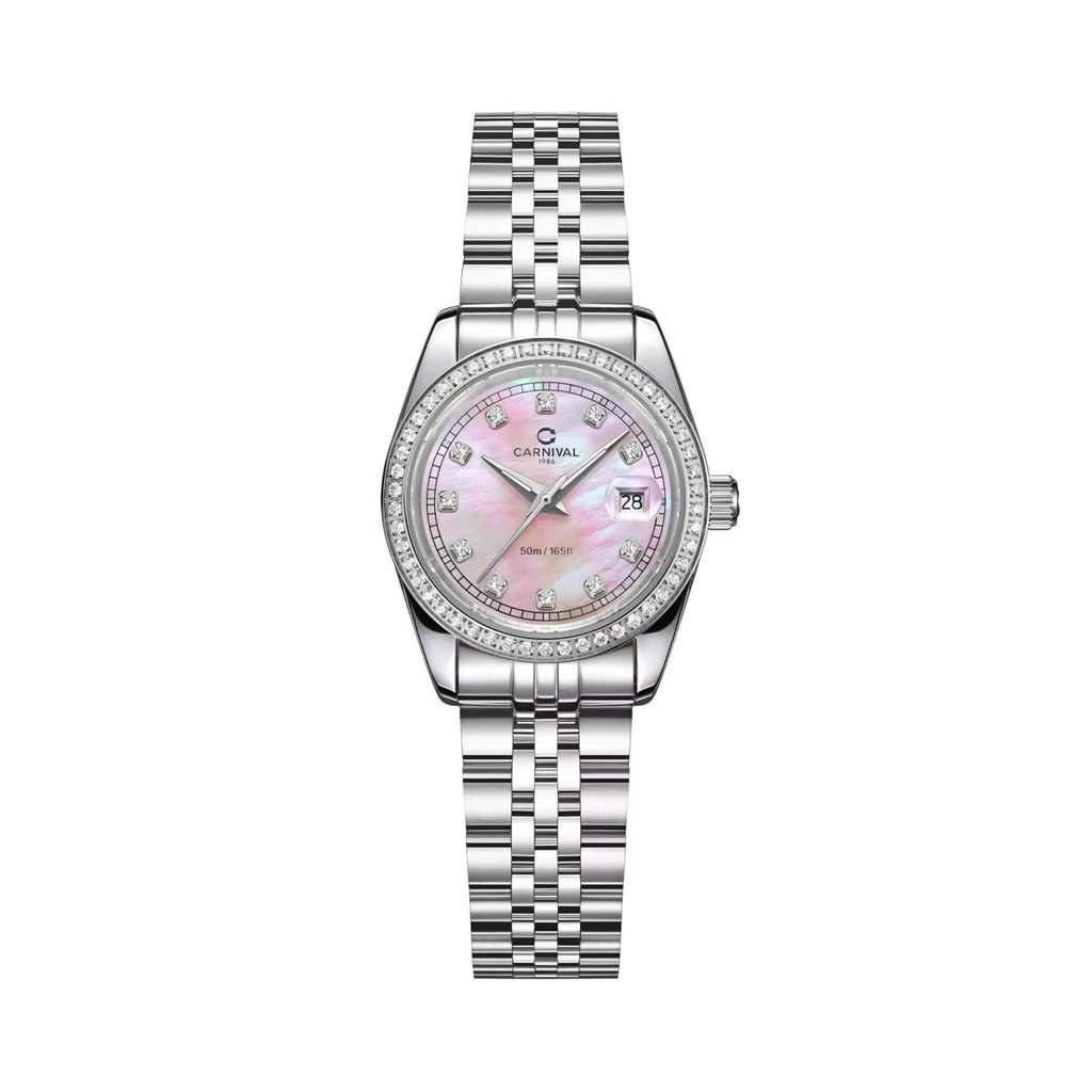 Đồng Hồ Nữ Carnival 8131L2-VT-HK Dây Thép Bạc Mặt Xà Cừ Hồng Viền Đính Đá Size 31mm Quartz Japan