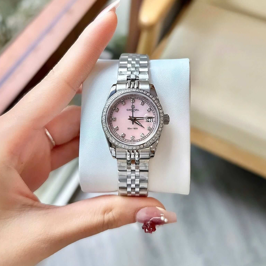 Đồng Hồ Nữ Carnival 8131L2-VT-HK Dây Thép Bạc Mặt Xà Cừ Hồng Viền Đính Đá Size 31mm Quartz Japan
