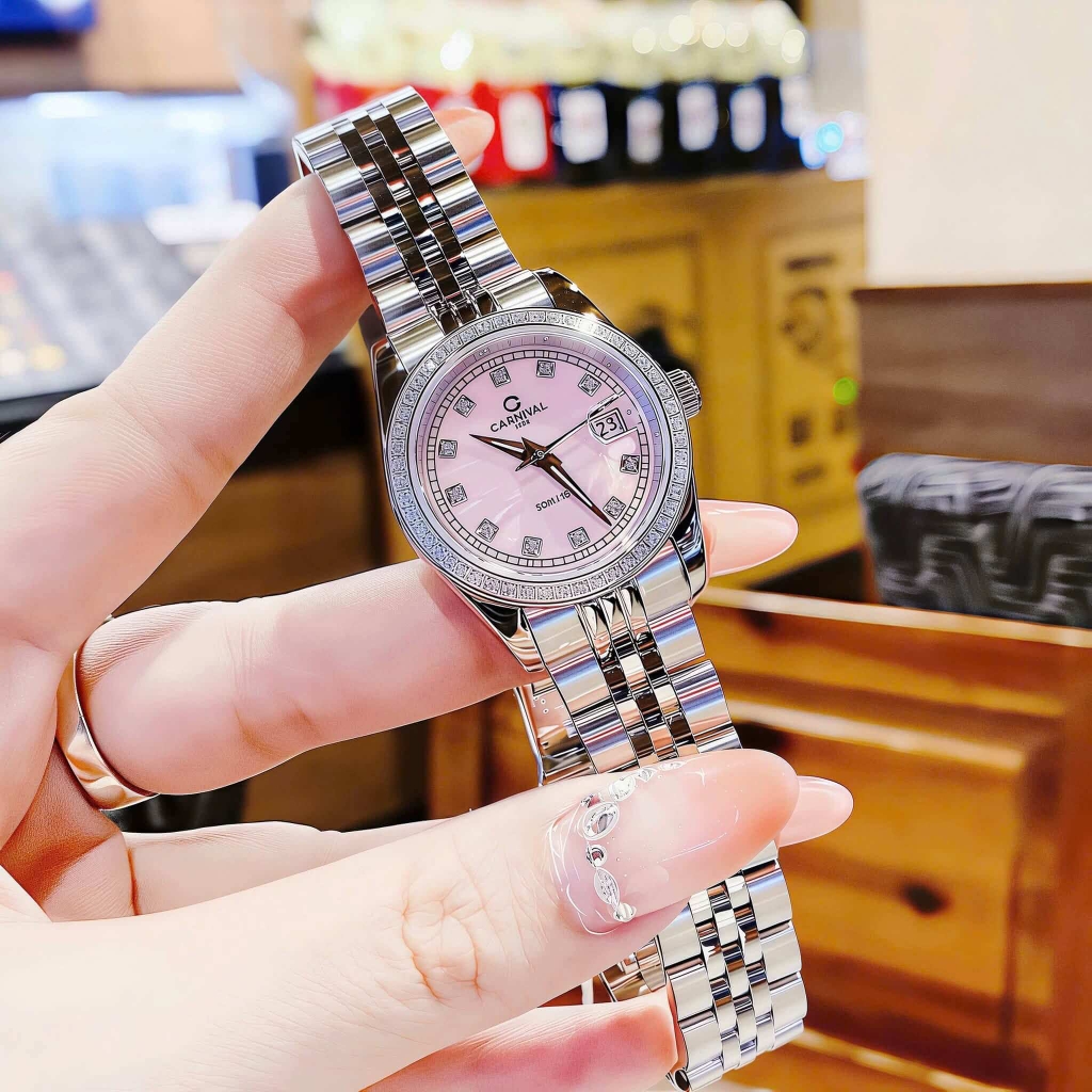 Đồng Hồ Nữ Carnival 8131L2-VT-HK Dây Thép Bạc Mặt Xà Cừ Hồng Viền Đính Đá Size 31mm Quartz Japan