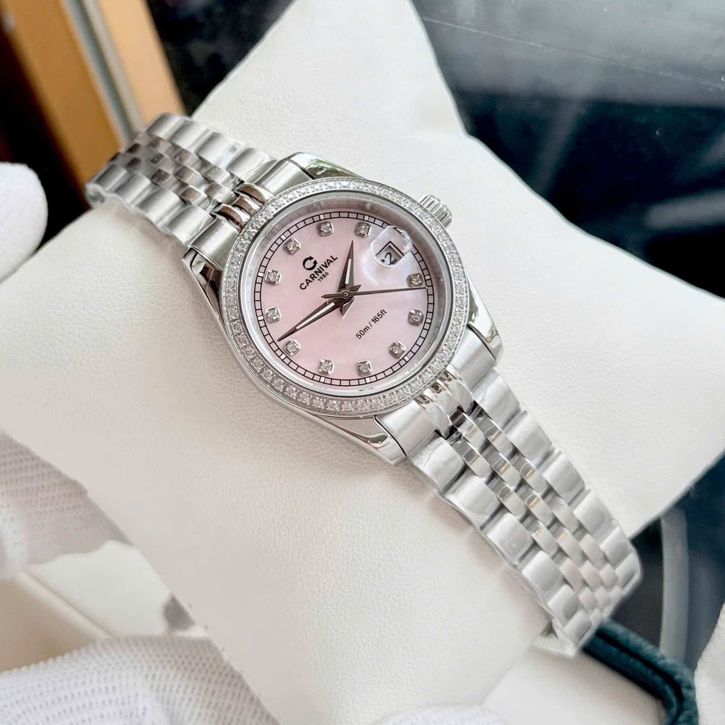 Đồng Hồ Nữ Carnival 8131L2-VT-HK Dây Thép Bạc Mặt Xà Cừ Hồng Viền Đính Đá Size 31mm Quartz Japan