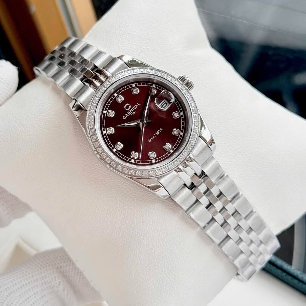 Đồng Hồ Nữ Carnival 8131L2-VT-N Dây Thép Bạc Mặt Nâu Viền Đính Đá Size 31mm Quartz Japan