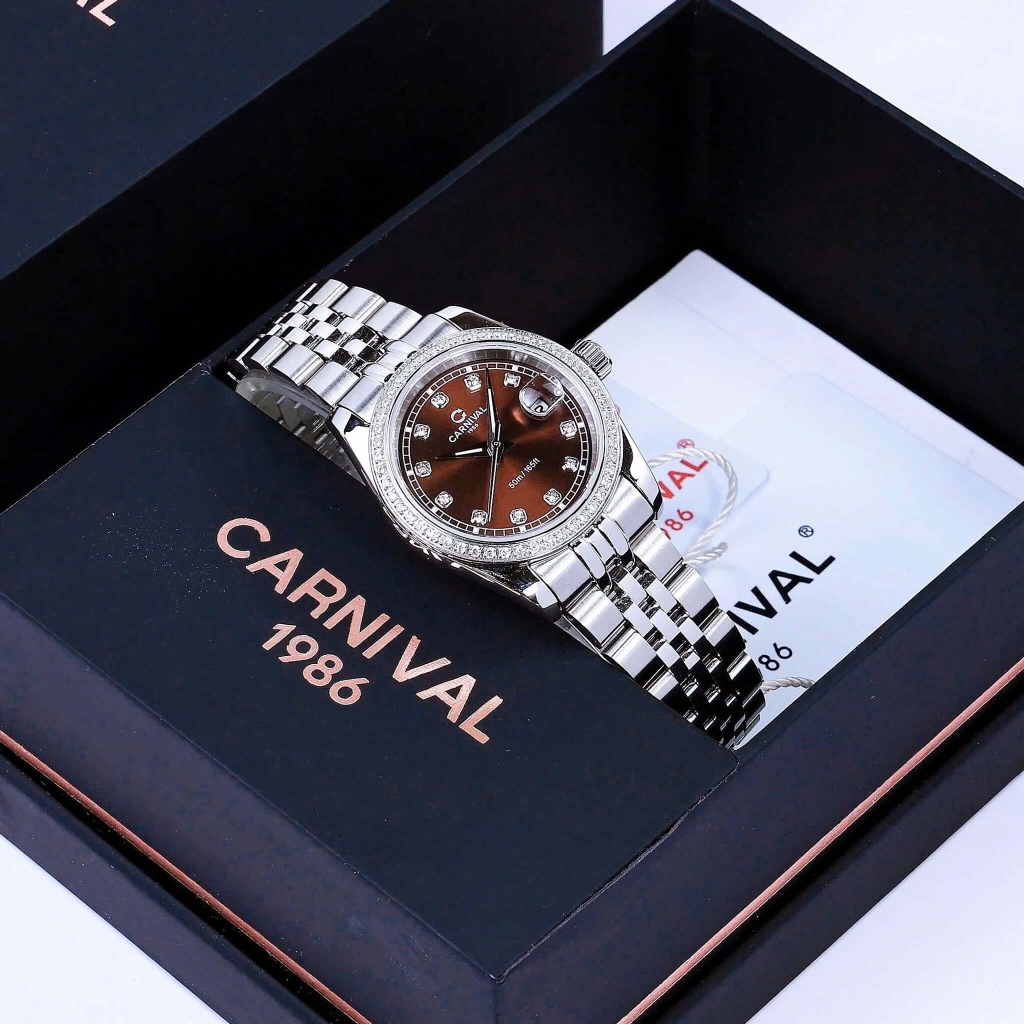 Đồng Hồ Nữ Carnival 8131L2-VT-N Dây Thép Bạc Mặt Nâu Viền Đính Đá Size 31mm Quartz Japan