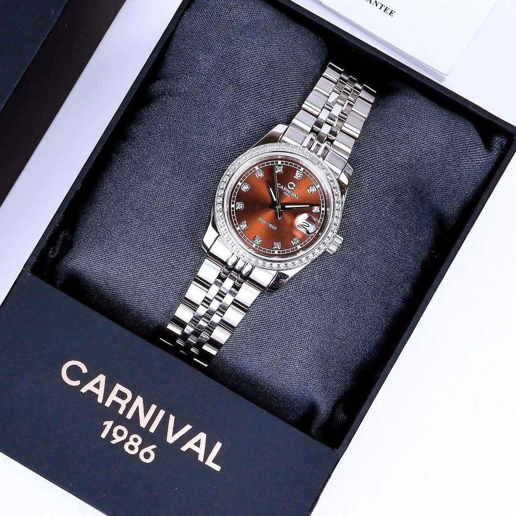 Đồng Hồ Nữ Carnival 8131L2-VT-N Dây Thép Bạc Mặt Nâu Viền Đính Đá Size 31mm Quartz Japan