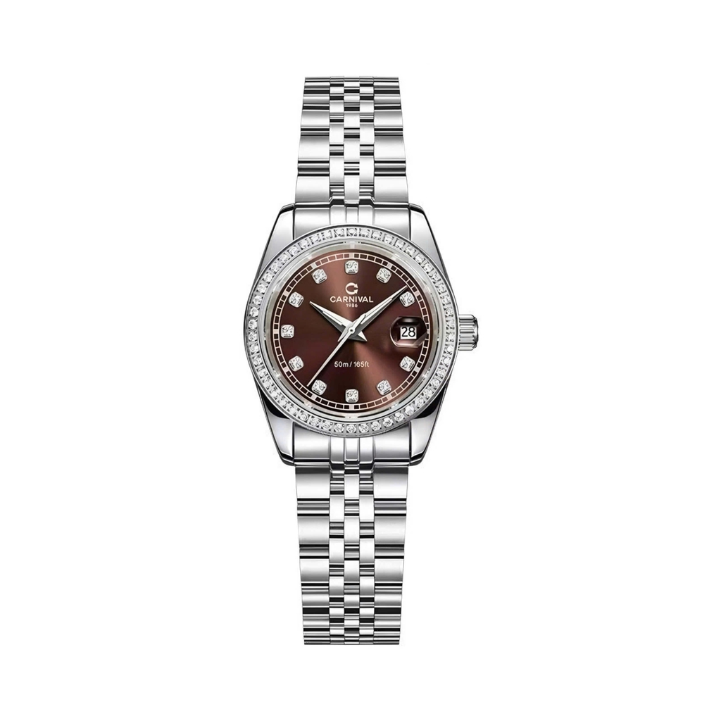 Đồng Hồ Nữ Carnival 8131L2-VT-N Dây Thép Bạc Mặt Nâu Viền Đính Đá Size 31mm Quartz Japan