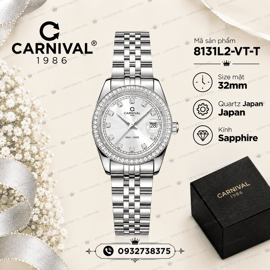 Đồng Hồ Nữ Carnival 8131L2-VT-T Dây Thép Bạc Mặt Trắng Viền Đính Đá Size 31mm Quartz Japan