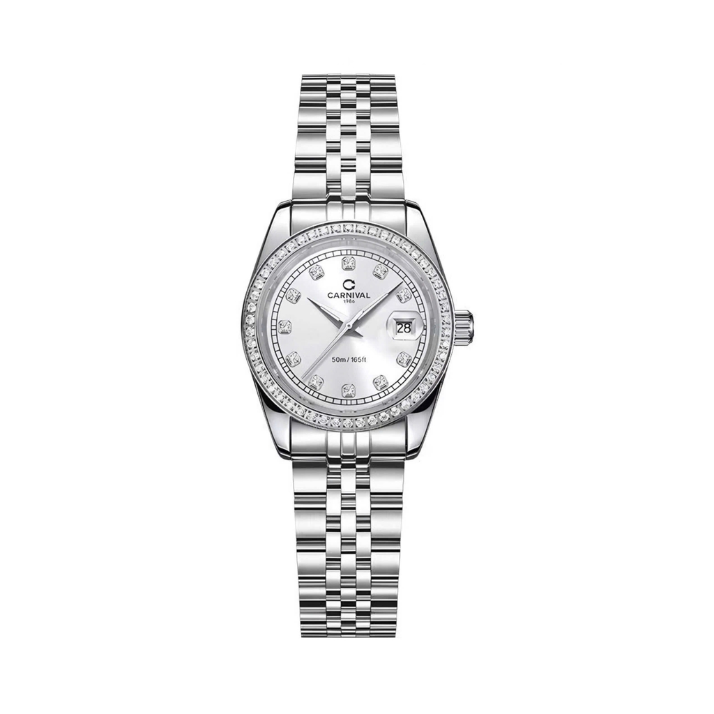 Đồng Hồ Nữ Carnival 8131L2-VT-T Dây Thép Bạc Mặt Trắng Viền Đính Đá Size 31mm Quartz Japan