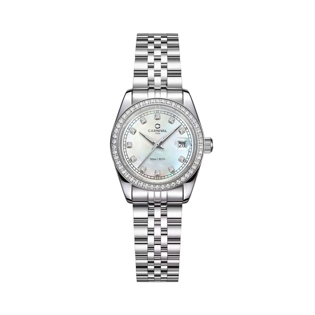Đồng Hồ Nữ Carnival 8131L2-VT-TK Dây Thép Bạc Mặt Xà Cừ Trắng Viền Đính Đá Size 31mm Quartz Japan