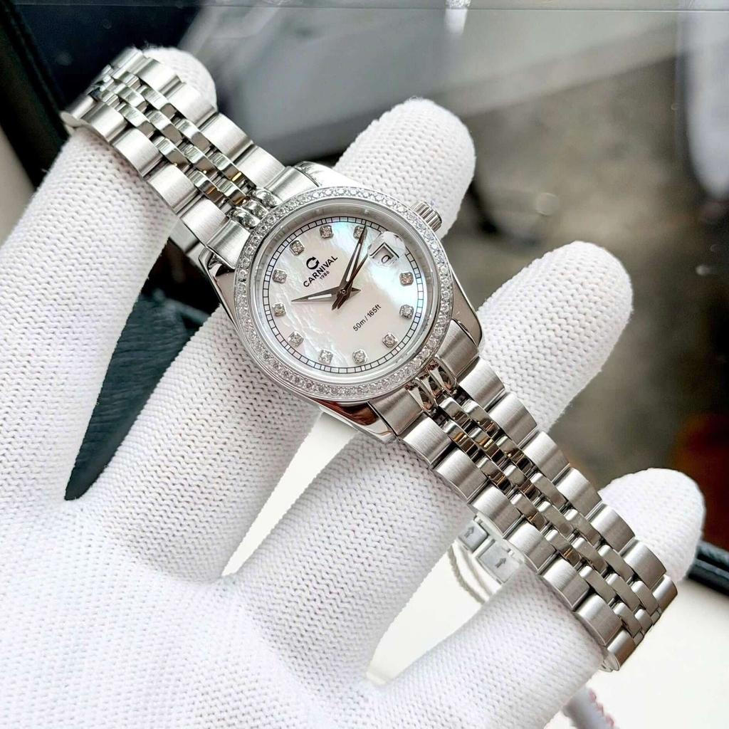 Đồng Hồ Nữ Carnival 8131L2-VT-TK Dây Thép Bạc Mặt Xà Cừ Trắng Viền Đính Đá Size 31mm Quartz Japan