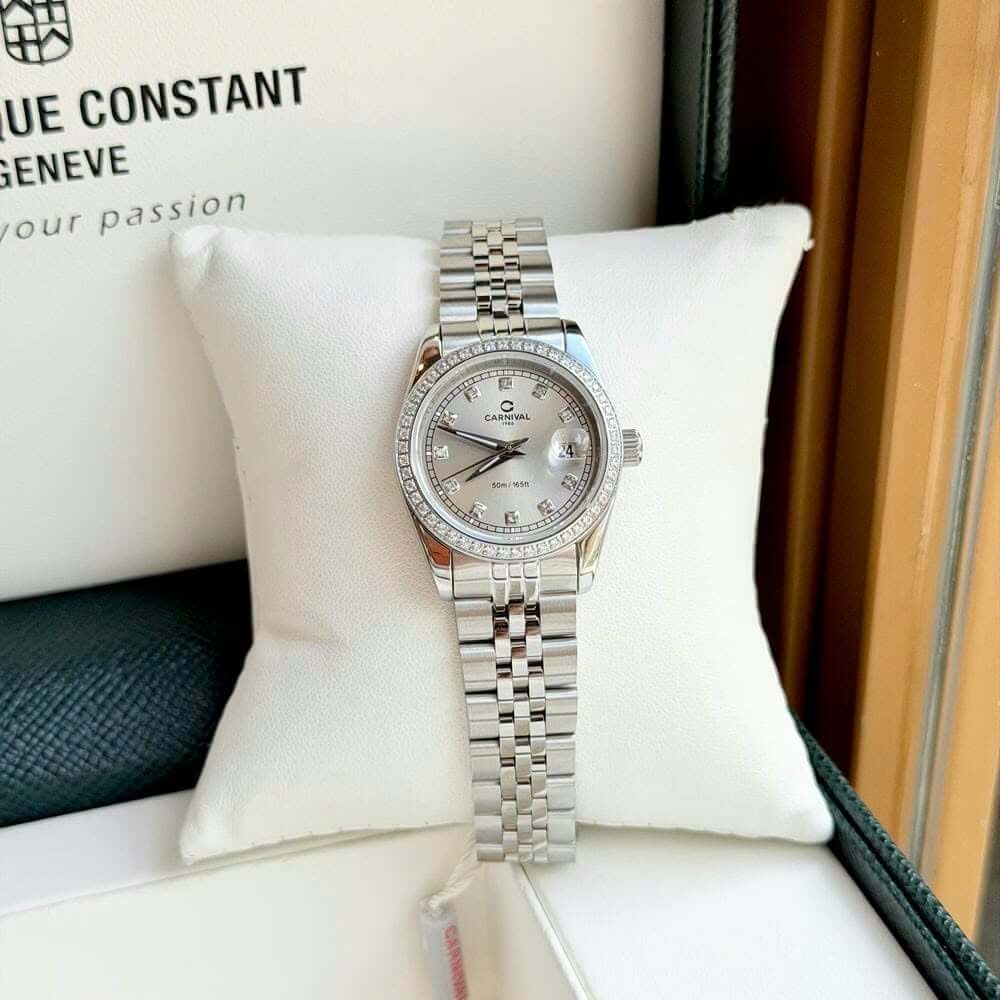 Đồng Hồ Nữ Carnival 8131L2-VT-TX Dây Thép Bạc Mặt Xám Viền Đính Đá Size 31mm Quartz Japan