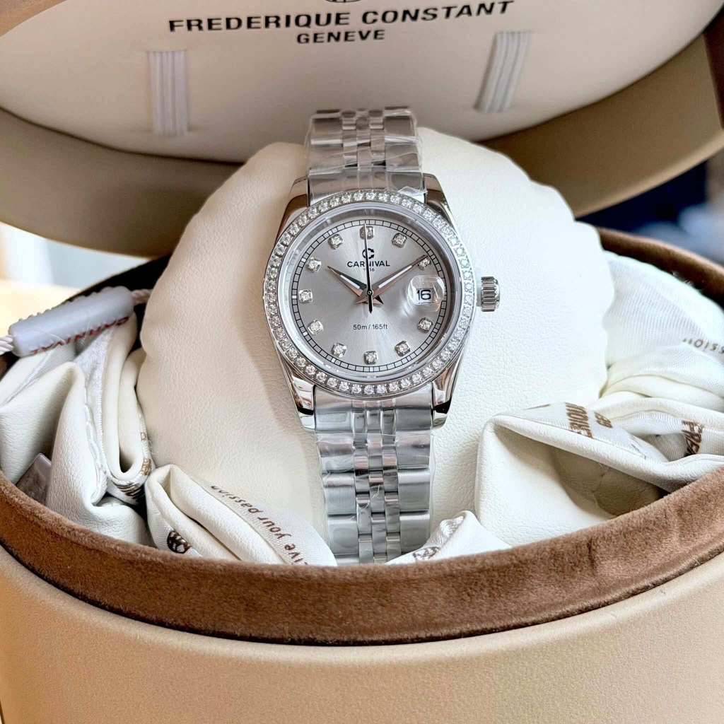 Đồng Hồ Nữ Carnival 8131L2-VT-TX Dây Thép Bạc Mặt Xám Viền Đính Đá Size 31mm Quartz Japan