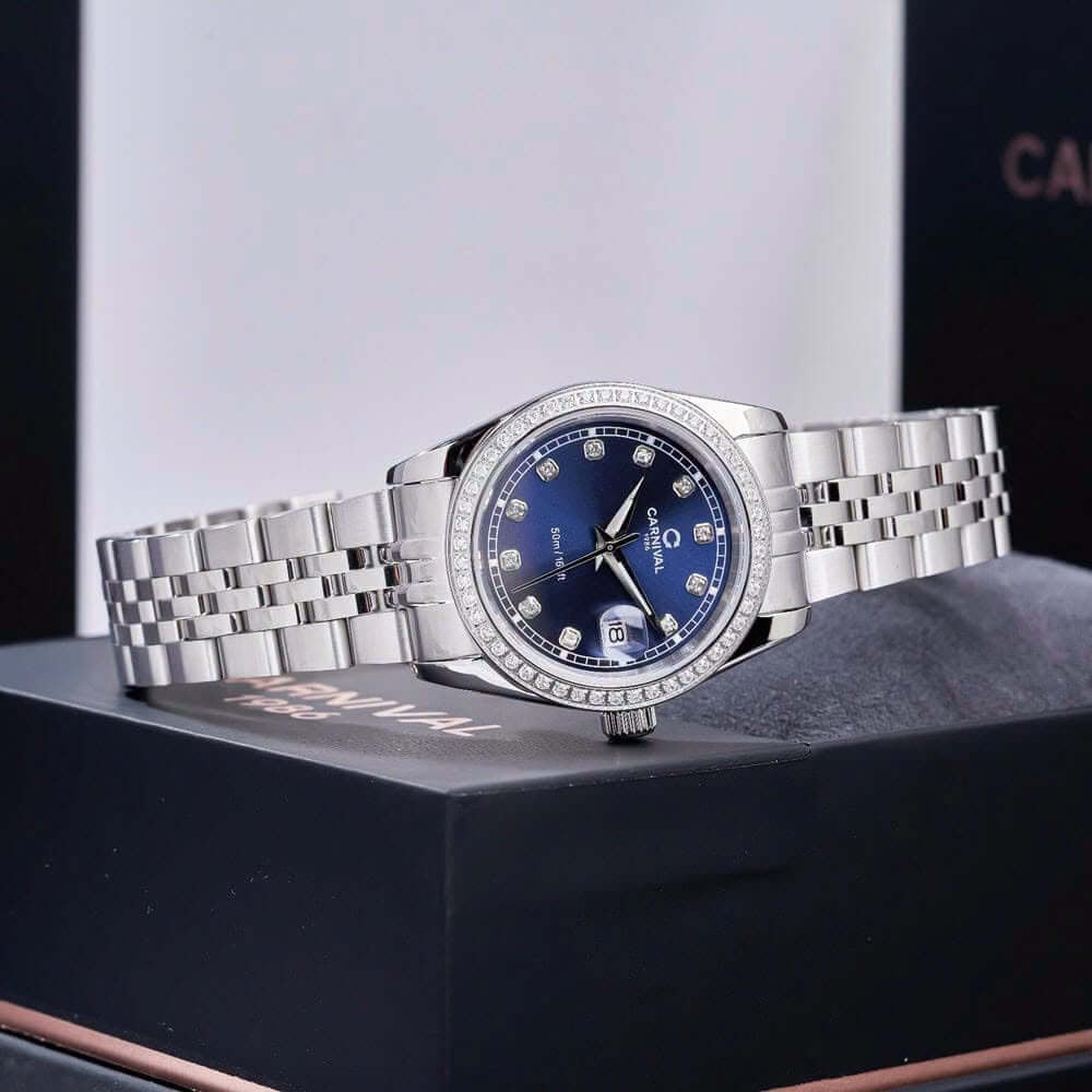 Đồng Hồ Nữ Carnival 8131L2-VT-X Dây Thép Bạc Mặt Xanh Coban Viền Đính Đá Size 31mm Quartz Japan