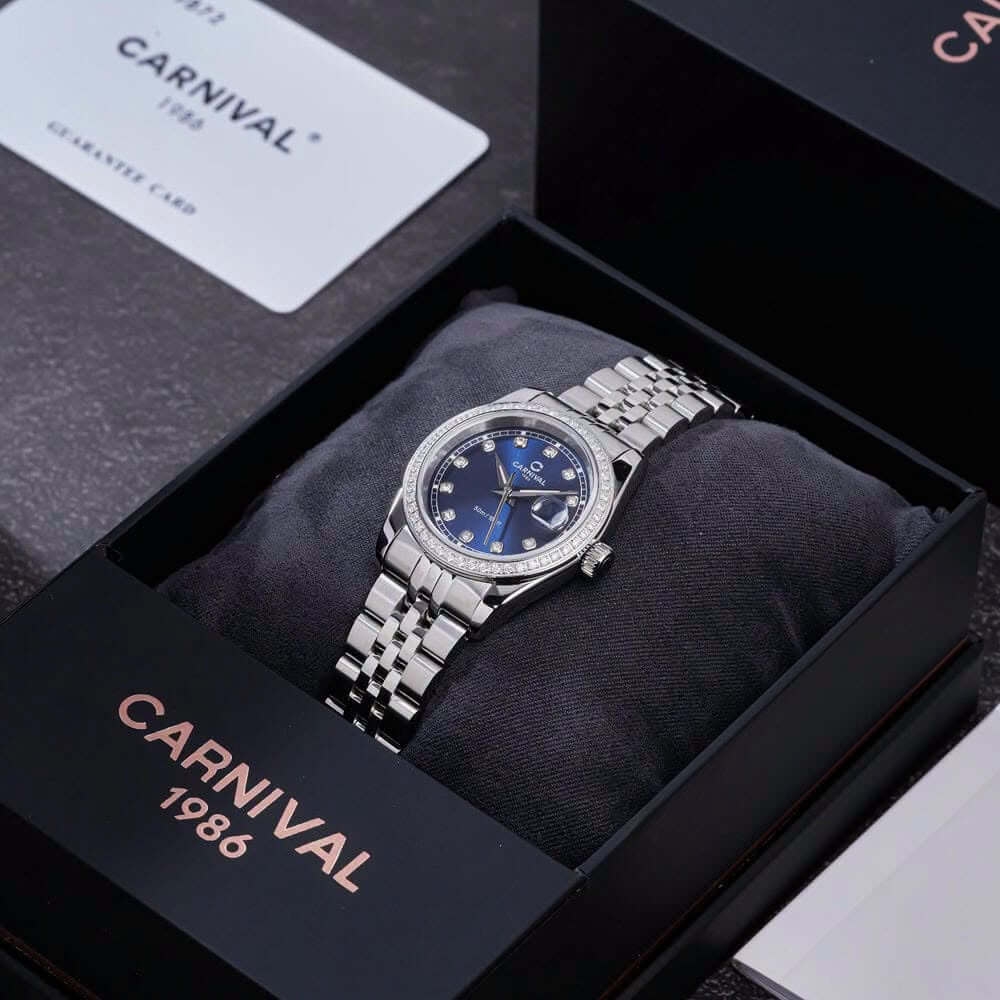 Đồng Hồ Nữ Carnival 8131L2-VT-X Dây Thép Bạc Mặt Xanh Coban Viền Đính Đá Size 31mm Quartz Japan