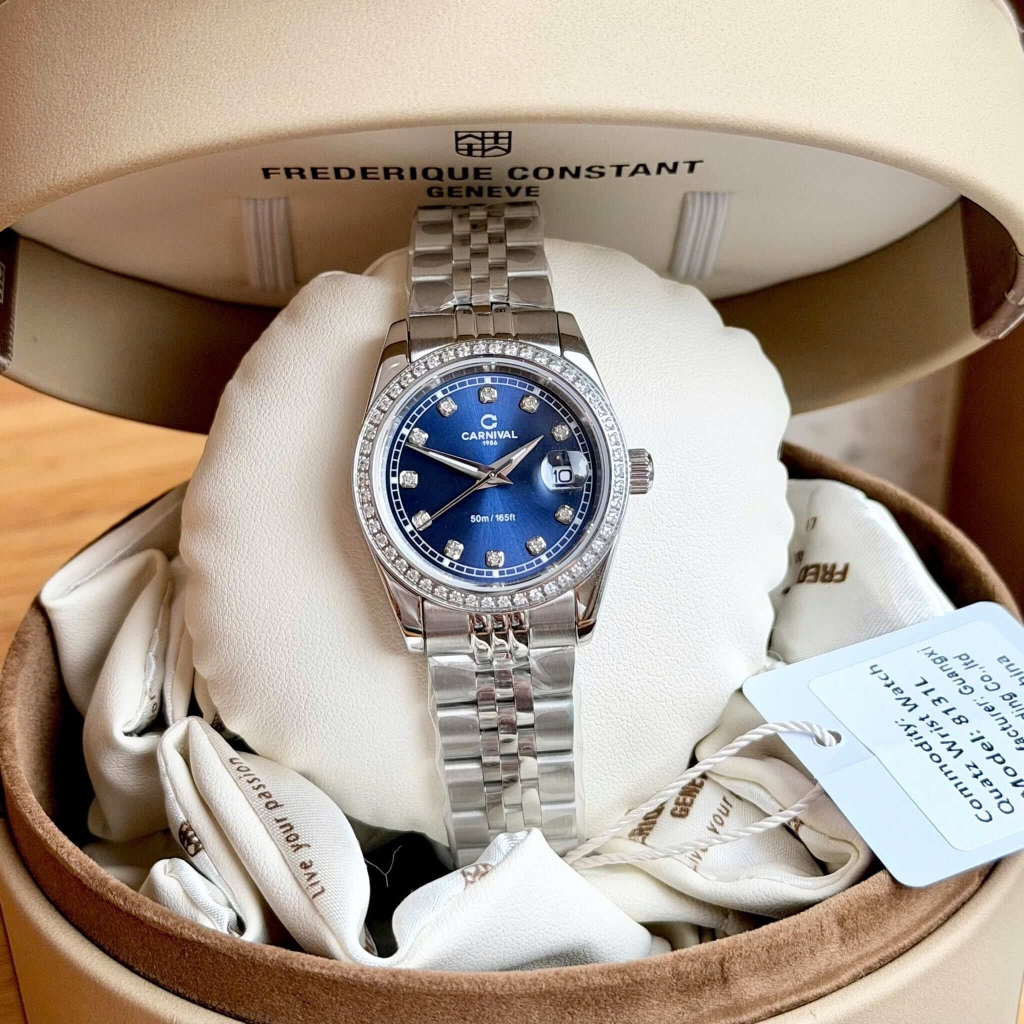 Đồng Hồ Nữ Carnival 8131L2-VT-X Dây Thép Bạc Mặt Xanh Coban Viền Đính Đá Size 31mm Quartz Japan