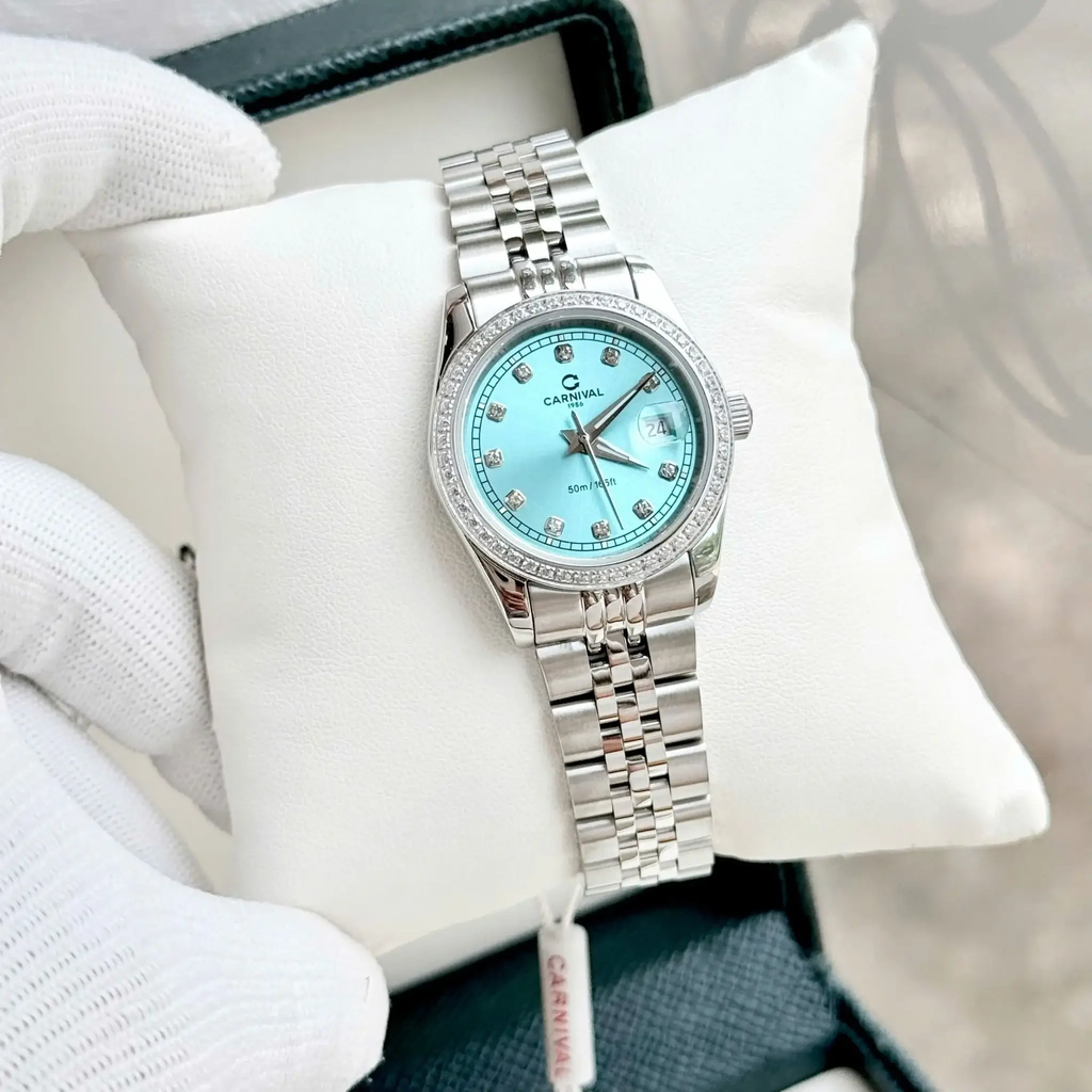 Đồng Hồ Nữ Carnival 8131L2-VT-XT Dây Thép Bạc Mặt Xanh Pastel Viền Đính Đá Size 30mm Quartz Japan