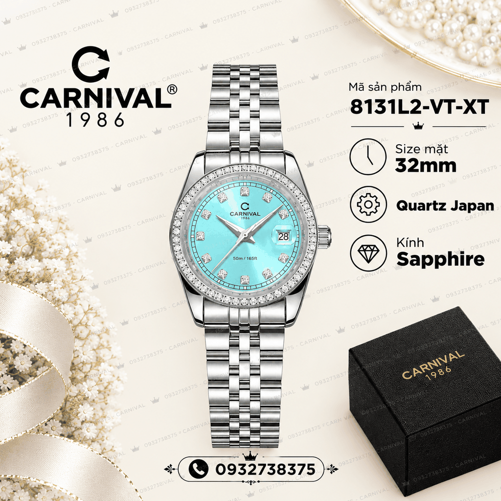 Đồng Hồ Nữ Carnival 8131L2-VT-XT Dây Thép Bạc Mặt Xanh Pastel Viền Đính Đá Size 30mm Quartz Japan