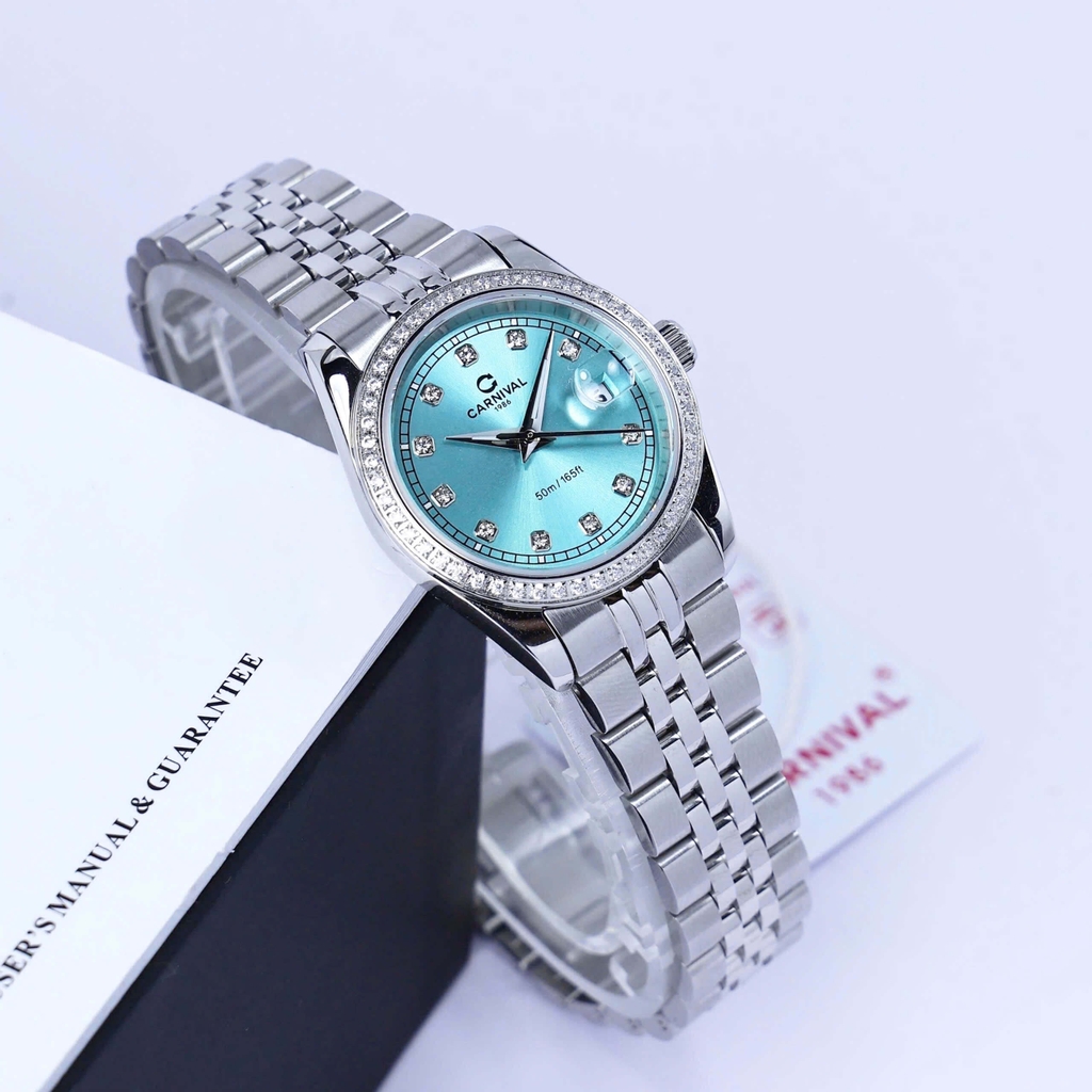 Đồng Hồ Nữ Carnival 8131L2-VT-XT Dây Thép Bạc Mặt Xanh Pastel Viền Đính Đá Size 30mm Quartz Japan