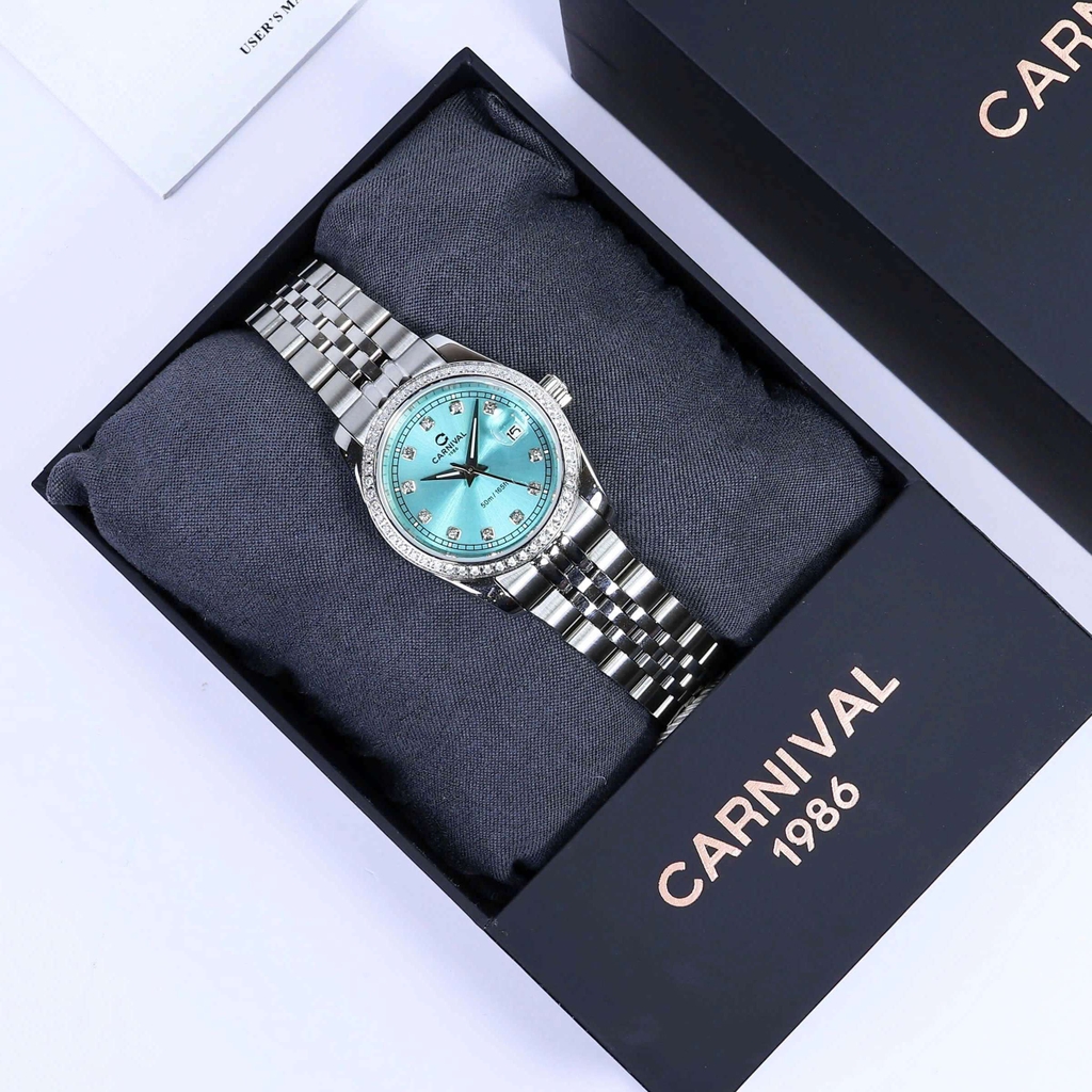Đồng Hồ Nữ Carnival 8131L2-VT-XT Dây Thép Bạc Mặt Xanh Pastel Viền Đính Đá Size 30mm Quartz Japan