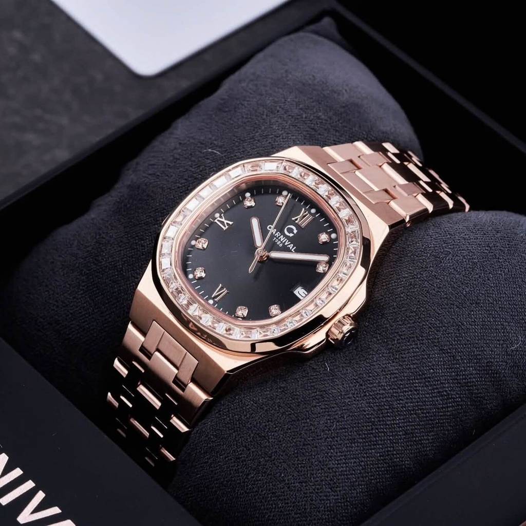 Đồng Hồ Nữ Carnival 8160L2-VH-D Vàng Hồng Mặt Đen Viền Đá Size 34mm Sapphire