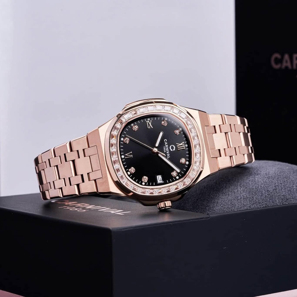 Đồng Hồ Nữ Carnival 8160L2-VH-D Vàng Hồng Mặt Đen Viền Đá Size 34mm Sapphire