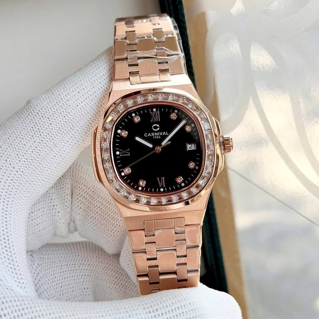 Đồng Hồ Nữ Carnival 8160L2-VH-D Vàng Hồng Mặt Đen Viền Đá Size 34mm Sapphire