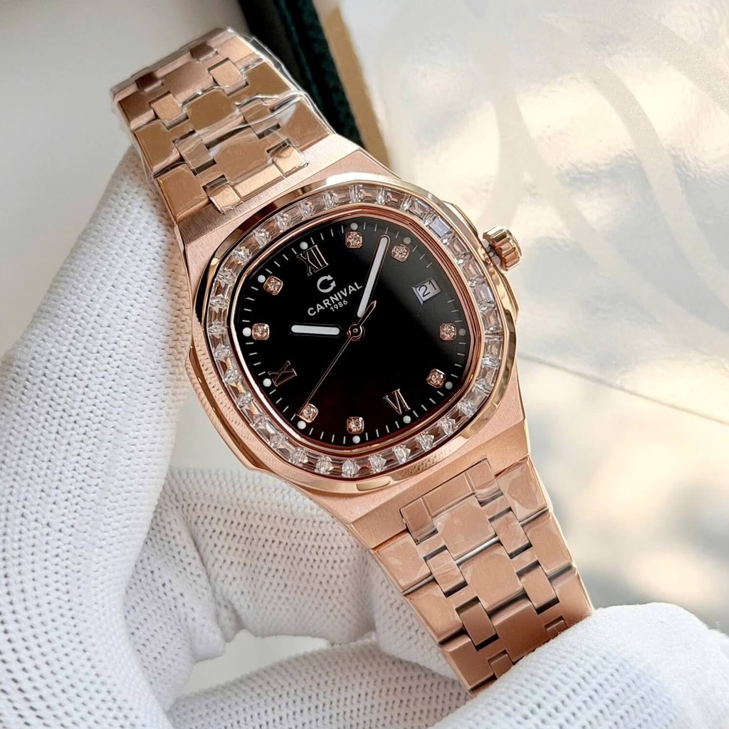 Đồng Hồ Nữ Carnival 8160L2-VH-D Vàng Hồng Mặt Đen Viền Đá Size 34mm Sapphire