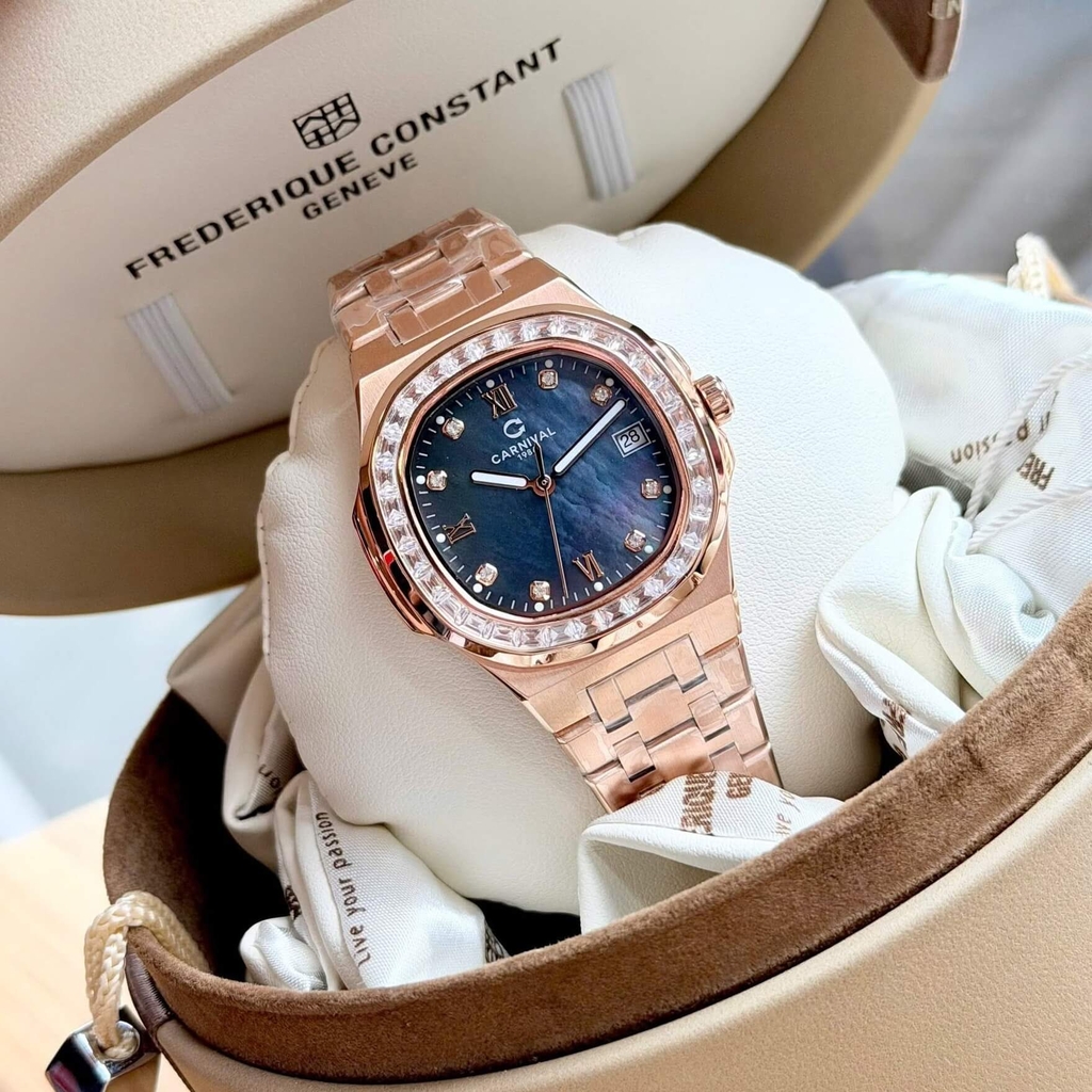 Đồng Hồ Nữ Carnival 8160L2-VH-DK Vàng Hồng Mặt Xà Cừ Xám Viền Đá Size 34mm Sapphire