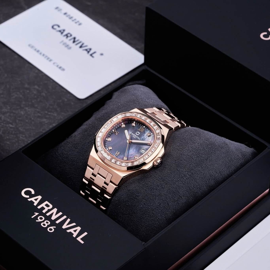 Đồng Hồ Nữ Carnival 8160L2-VH-DK Vàng Hồng Mặt Xà Cừ Xám Viền Đá Size 34mm Sapphire