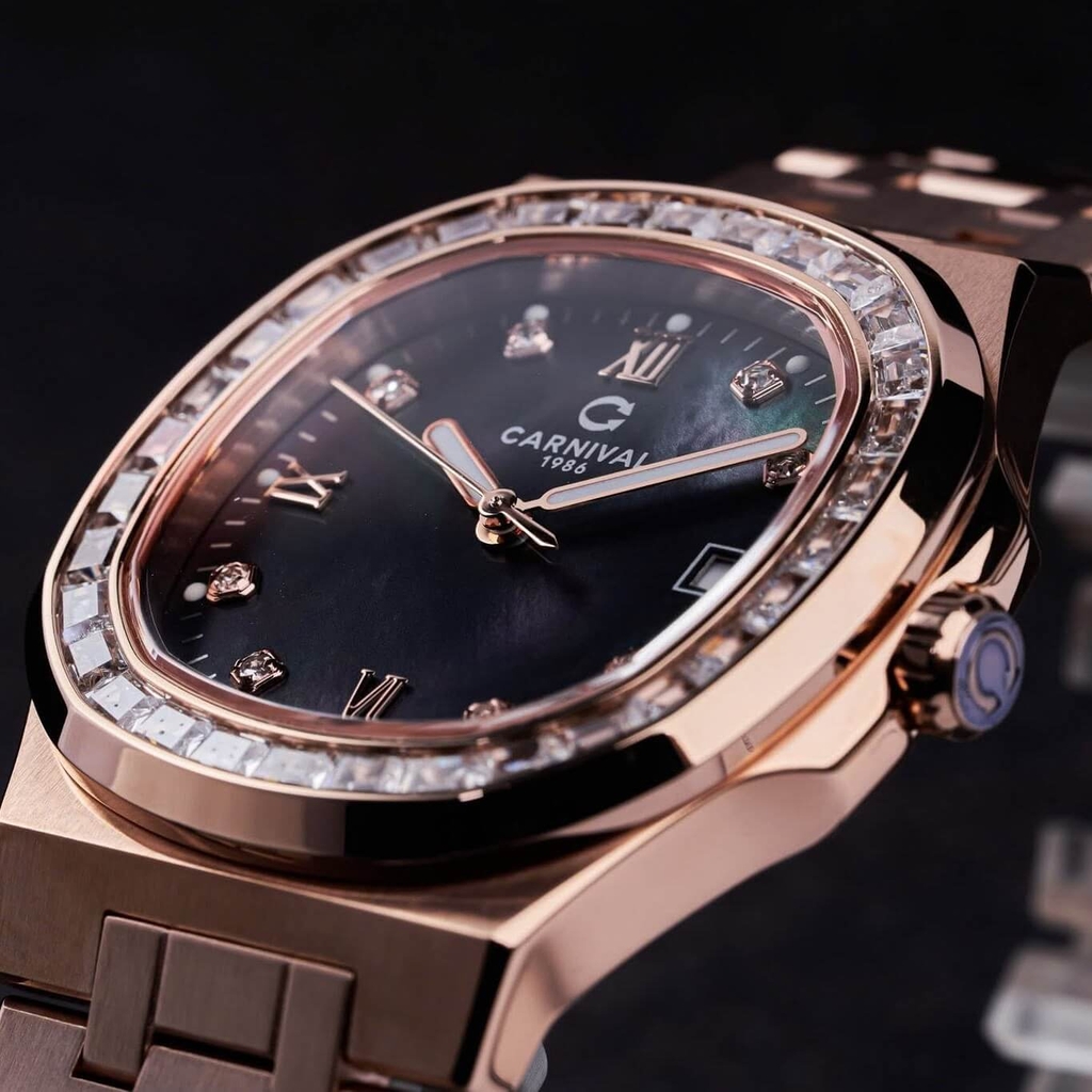 Đồng Hồ Nữ Carnival 8160L2-VH-DK Vàng Hồng Mặt Xà Cừ Xám Viền Đá Size 34mm Sapphire