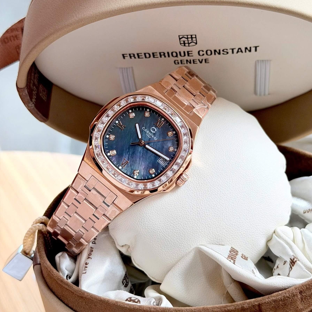 Đồng Hồ Nữ Carnival 8160L2-VH-DK Vàng Hồng Mặt Xà Cừ Xám Viền Đá Size 34mm Sapphire