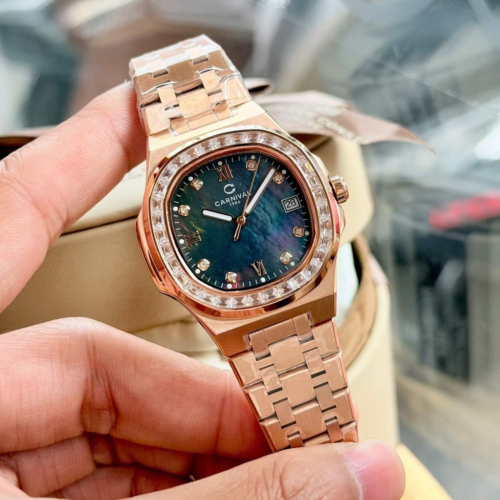 Đồng Hồ Nữ Carnival 8160L2-VH-DK Vàng Hồng Mặt Xà Cừ Xám Viền Đá Size 34mm Sapphire
