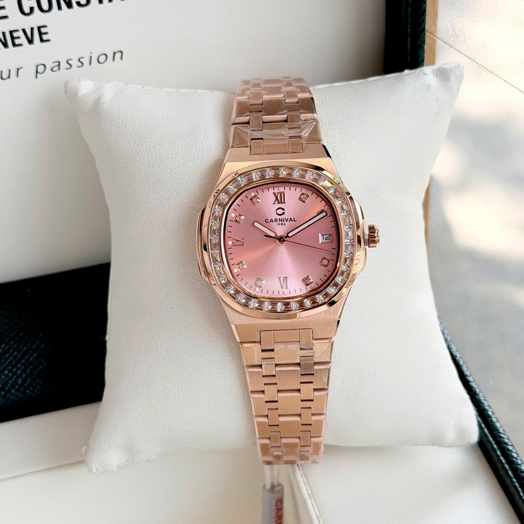 Đồng Hồ Nữ Carnival 8160L2-VH-H Vàng Hồng Mặt Hồng Viền Đá Size 34mm Sapphire