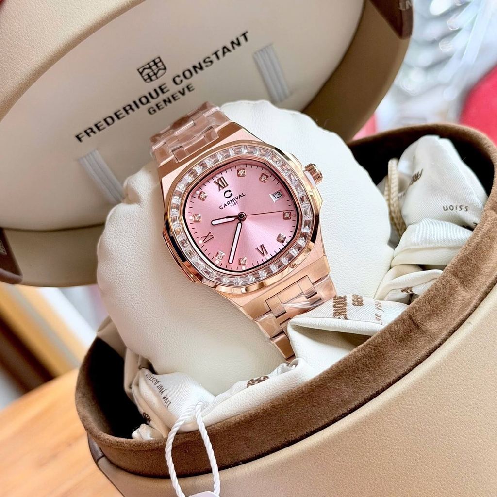 Đồng Hồ Nữ Carnival 8160L2-VH-H Vàng Hồng Mặt Hồng Viền Đá Size 34mm Sapphire