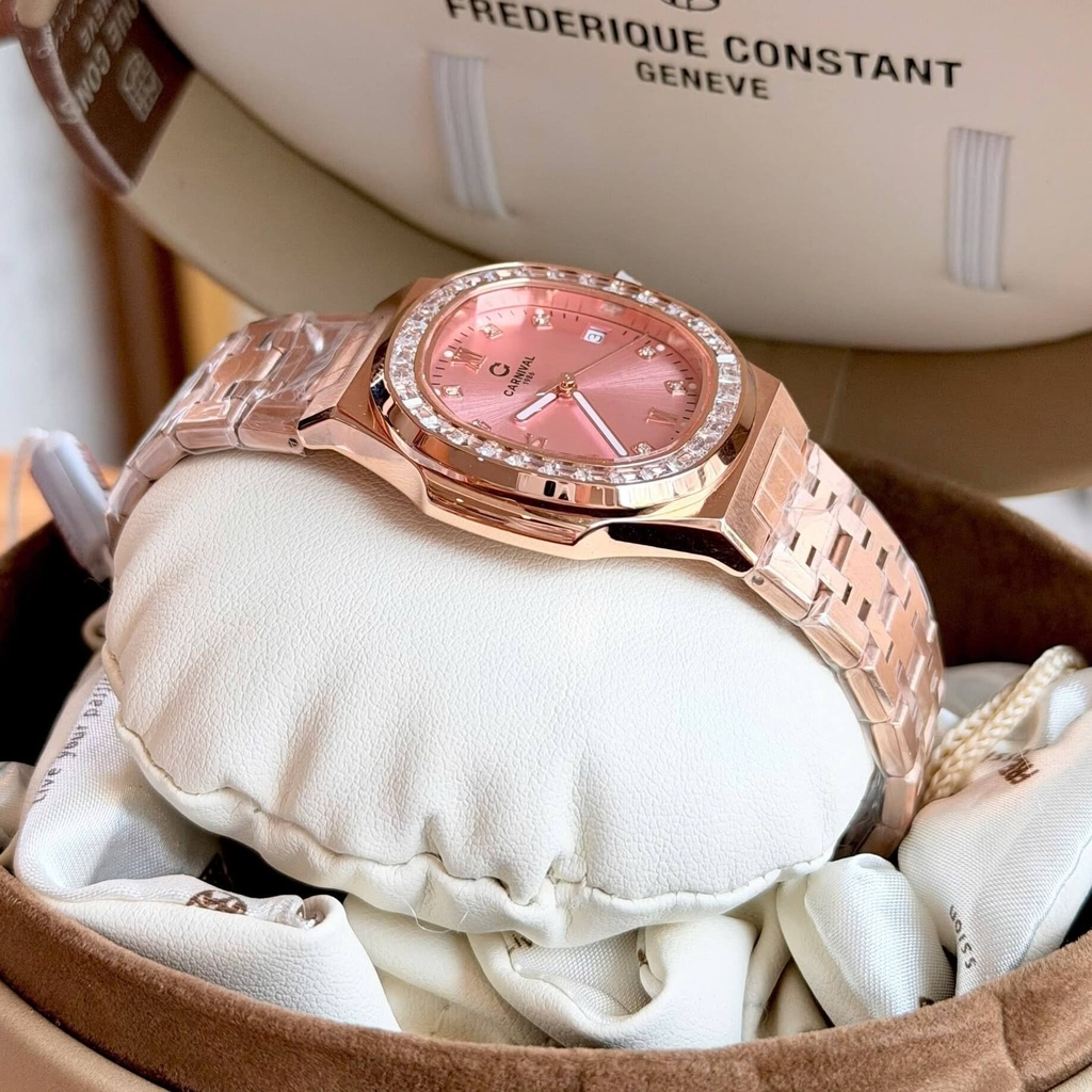 Đồng Hồ Nữ Carnival 8160L2-VH-H Vàng Hồng Mặt Hồng Viền Đá Size 34mm Sapphire