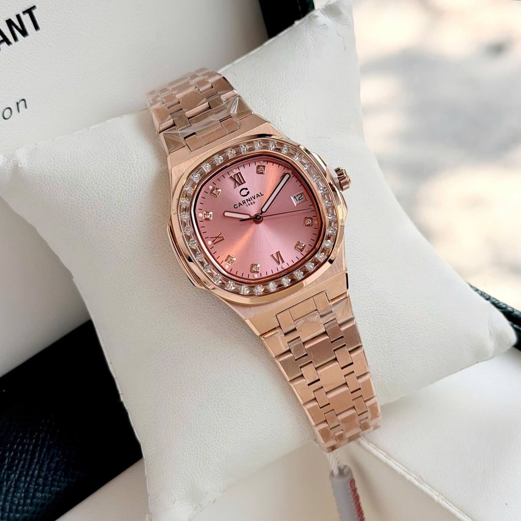 Đồng Hồ Nữ Carnival 8160L2-VH-H Vàng Hồng Mặt Hồng Viền Đá Size 34mm Sapphire