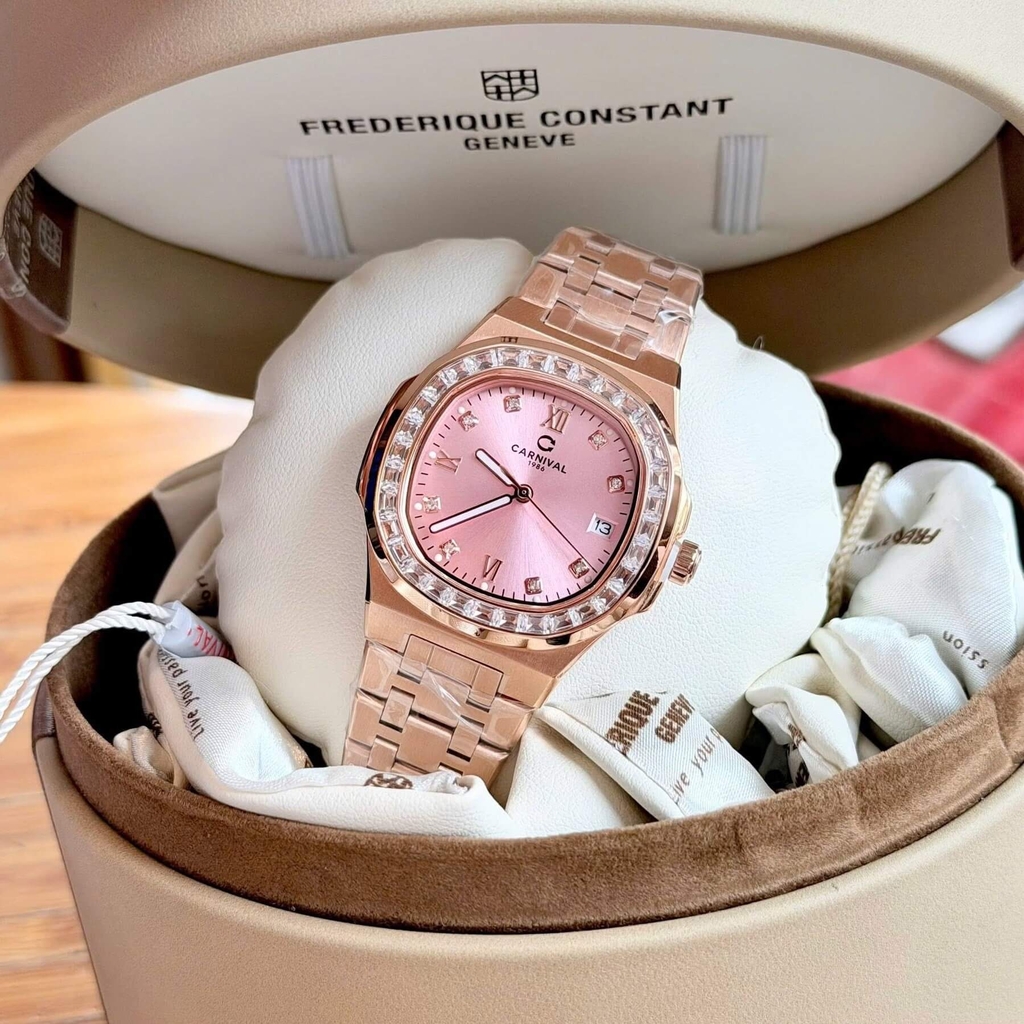 Đồng Hồ Nữ Carnival 8160L2-VH-H Vàng Hồng Mặt Hồng Viền Đá Size 34mm Sapphire