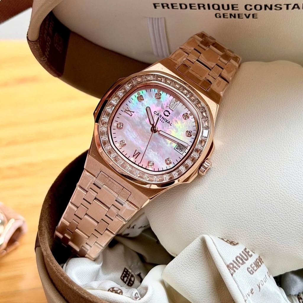 Đồng Hồ Nữ Carnival 8160L2-VH-HK Vàng Hồng Mặt Xà Cừ Hồng Viền Đá Size 34mm Sapphire