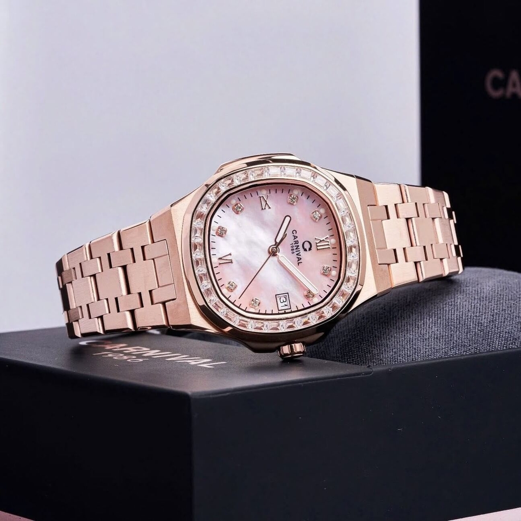 Đồng Hồ Nữ Carnival 8160L2-VH-HK Vàng Hồng Mặt Xà Cừ Hồng Viền Đá Size 34mm Sapphire
