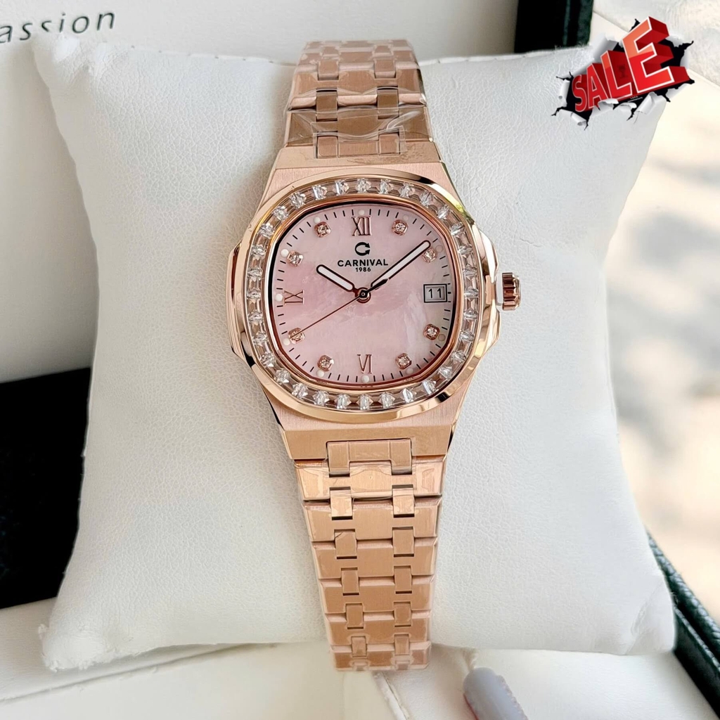 Đồng Hồ Nữ Carnival 8160L2-VH-HK Vàng Hồng Mặt Xà Cừ Hồng Viền Đá Size 34mm Sapphire