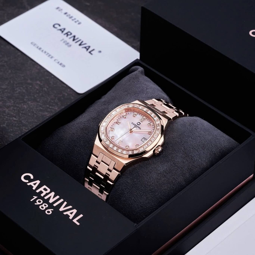 Đồng Hồ Nữ Carnival 8160L2-VH-HK Vàng Hồng Mặt Xà Cừ Hồng Viền Đá Size 34mm Sapphire