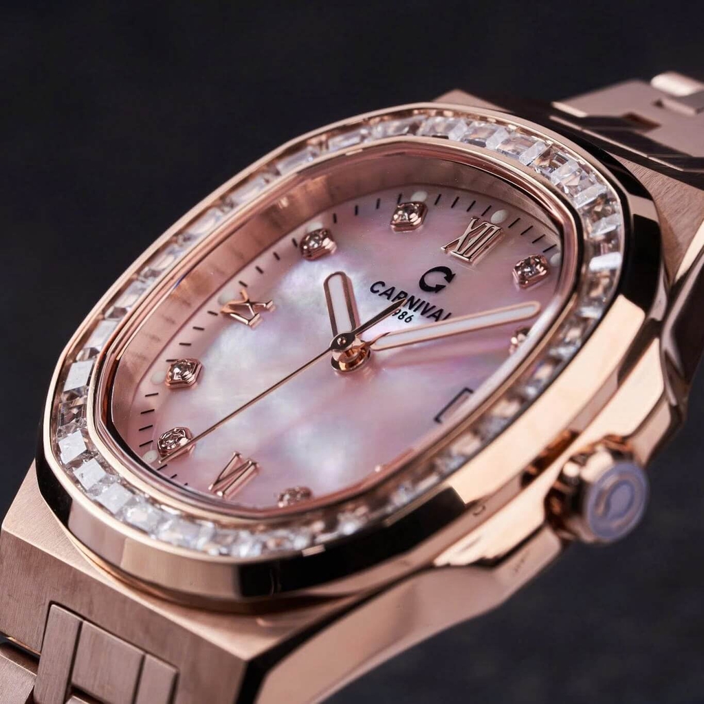 Đồng Hồ Nữ Carnival 8160L2-VH-HK Vàng Hồng Mặt Xà Cừ Hồng Viền Đá Size 34mm Sapphire