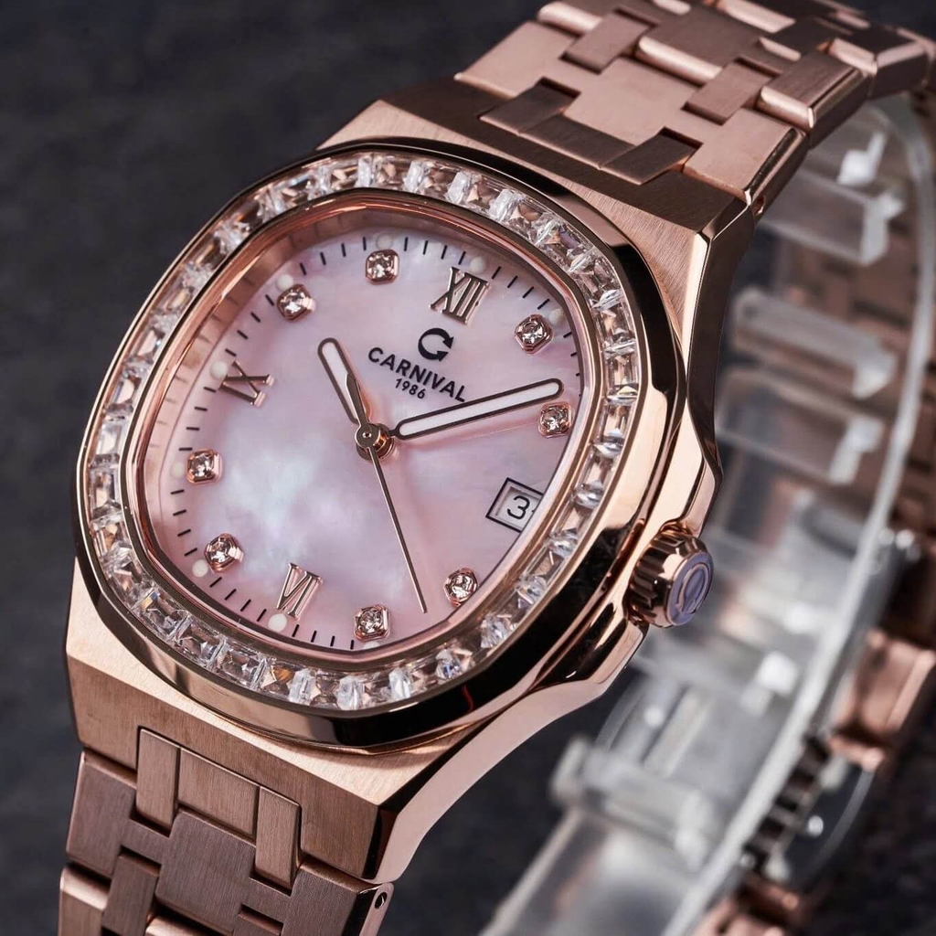 Đồng Hồ Nữ Carnival 8160L2-VH-HK Vàng Hồng Mặt Xà Cừ Hồng Viền Đá Size 34mm Sapphire