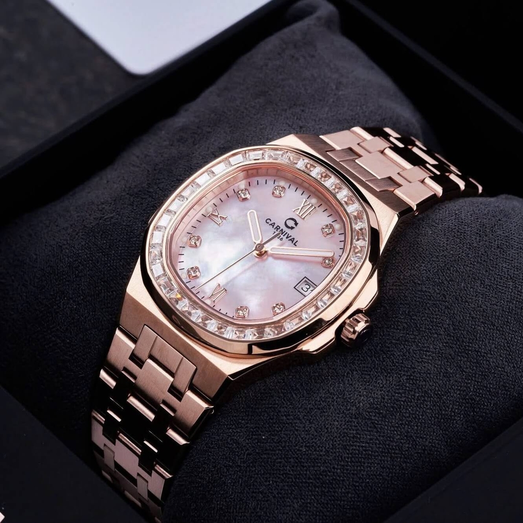 Đồng Hồ Nữ Carnival 8160L2-VH-HK Vàng Hồng Mặt Xà Cừ Hồng Viền Đá Size 34mm Sapphire