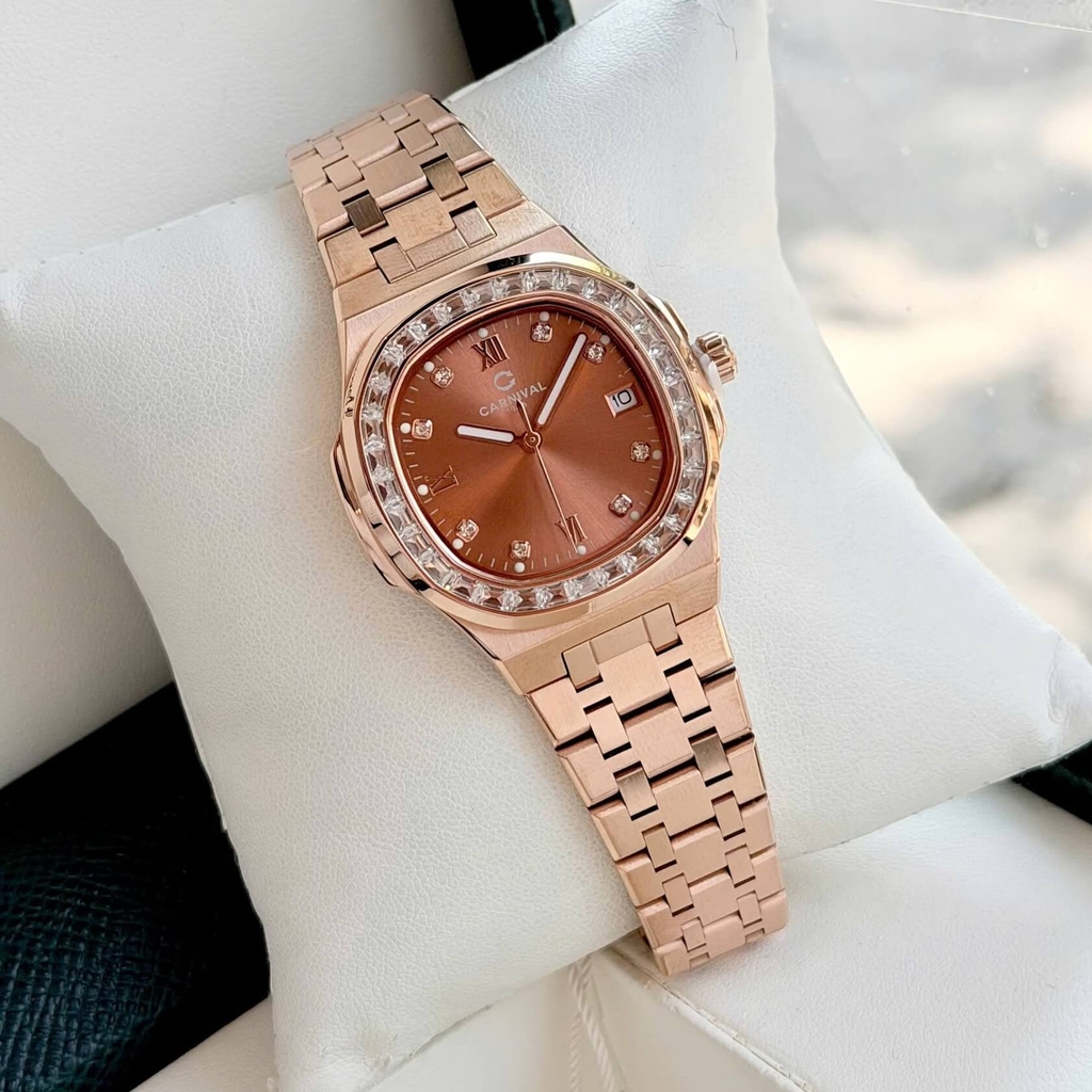 Đồng Hồ Nữ Carnival 8160L2-VH-N Vàng Hồng Mặt Nâu Viền Đá Size 34mm Sapphire