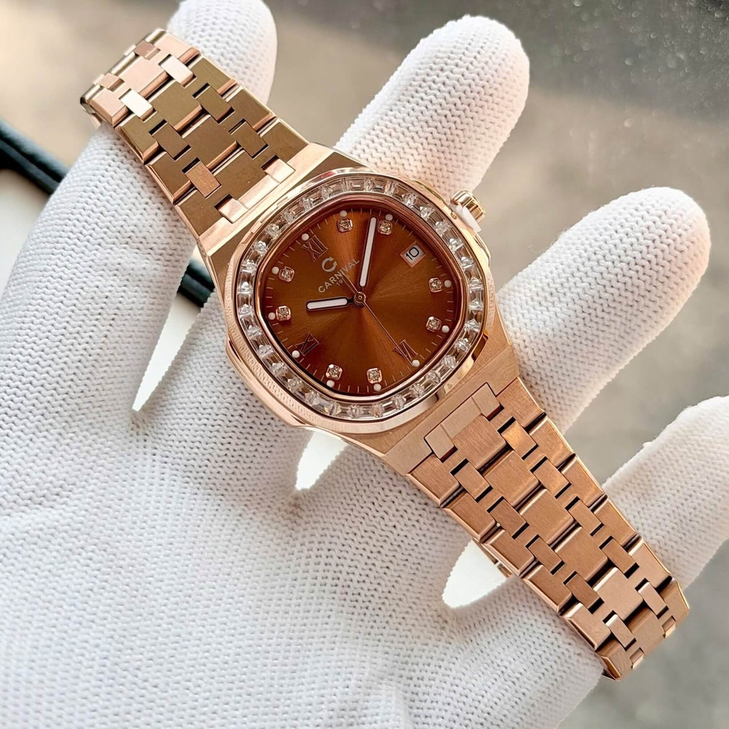 Đồng Hồ Nữ Carnival 8160L2-VH-N Vàng Hồng Mặt Nâu Viền Đá Size 34mm Sapphire