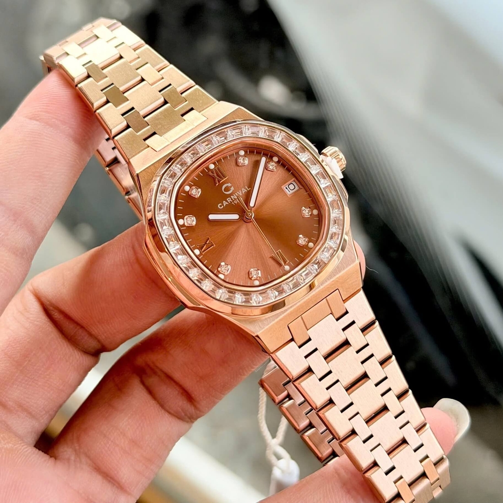 Đồng Hồ Nữ Carnival 8160L2-VH-N Vàng Hồng Mặt Nâu Viền Đá Size 34mm Sapphire
