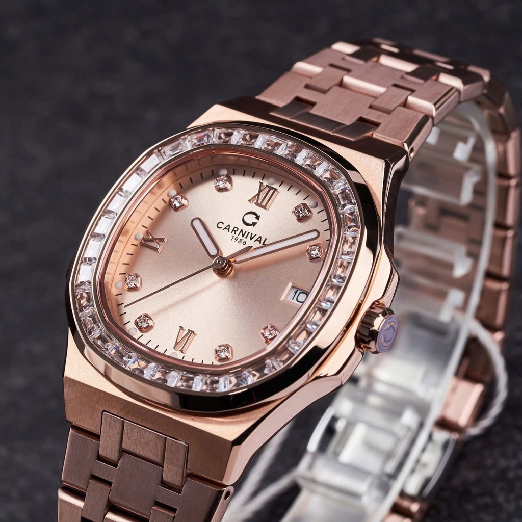 Đồng Hồ Nữ Carnival 8160L2-VH-NN Vàng Hồng Mặt Vàng Hồng Viền Đá Size 34mm Sapphire